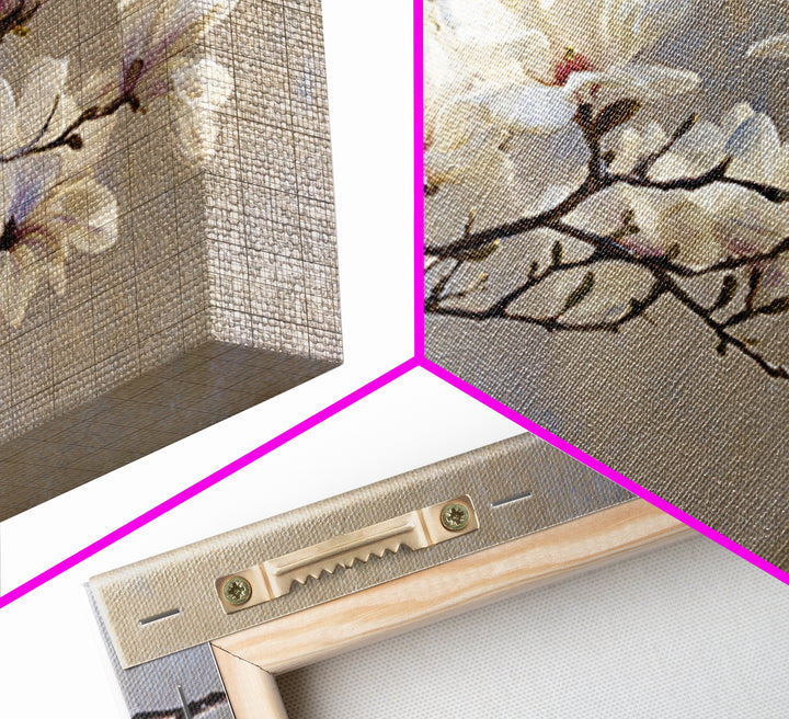 Delicate Magnolia Branch on Cream Background Canvas Print, Above Bed Art, Gallery Decor, Bedroom Decor, Oil Painting, Serenity, ABA-3x2-68