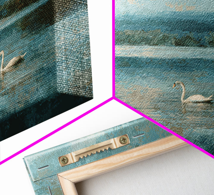 Paired Swans in a Dreamy Painterly Lake Framed Canvas Print, Above Bed Art, Living Room Decor, Bedroom Decor, Serenity, ABA-3x2-74