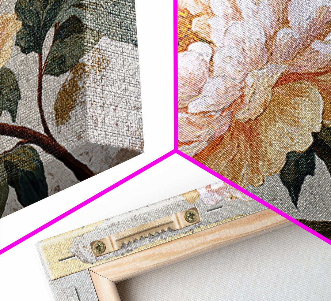 Romantic Oversized Peony Bloom on Warm Linen Framed Canvas Print, Above Bed Art, Boho Wall Decor, Bedroom Decor, Abstract Art, ABA-3x2-78