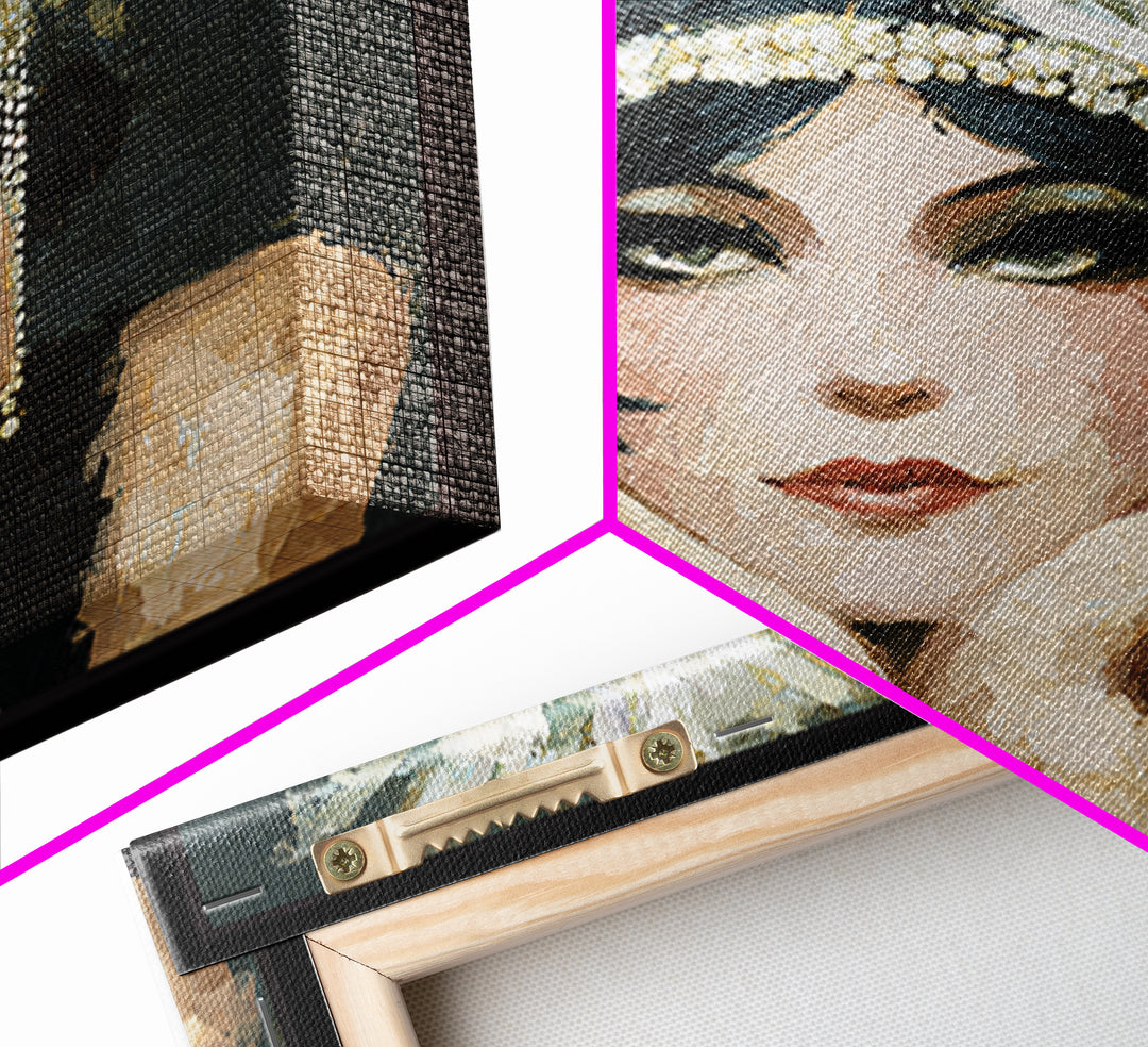 Flapper Portrait with Pearl Strands and Dramatic Framed Canvas Print, Art Deco Art, Gallery Decor, Living Room Decor, Glamour, ADA-1x1-38