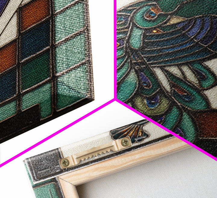 Sleek Peacock with Jeweled Feathers and Stepped Canvas Print, Art Deco Art, Blue Wallpaper, Living Room Decor, Glamour, ADA-1x1-51