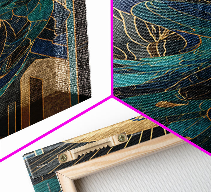 Sleek Peacock with Jeweled Feathers and Stepped Canvas Print, Art Deco Art, Blue Wallpaper, Living Room Decor, Abstract Art, ADA-1x3-63