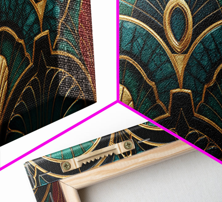 Emerald Peacock Feather Pattern Framed Canvas Print, Art Deco Art, Statement Artwork, Living Room Decor, Fine Art, Glamour, ADA-2x1-20