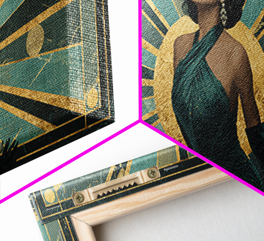 Moonlit Jazz Singer Framed by Gold Lines Framed Canvas Print, Art Deco Art, Digital Art, Living Room Decor, Fine Art, Glamour, ADA-2x1-43