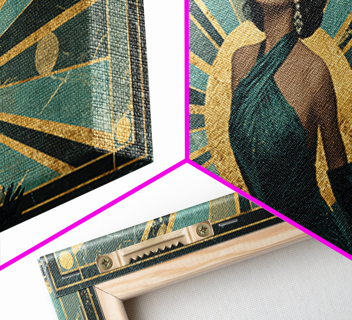 Moonlit Jazz Singer Framed by Gold Lines Framed Canvas Print, Art Deco Art, Digital Art, Living Room Decor, Fine Art, Glamour, ADA-2x1-43