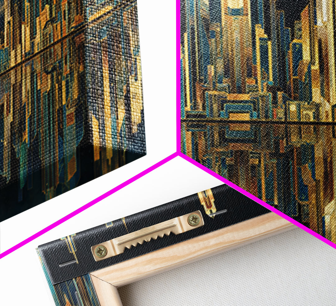Stylized City Skyline Framed Canvas Print, Art Deco Art, Art, Living Room Decor, Fine Art, Glamour, Art Nouveau, Abstract Art, ADA-2x1-50