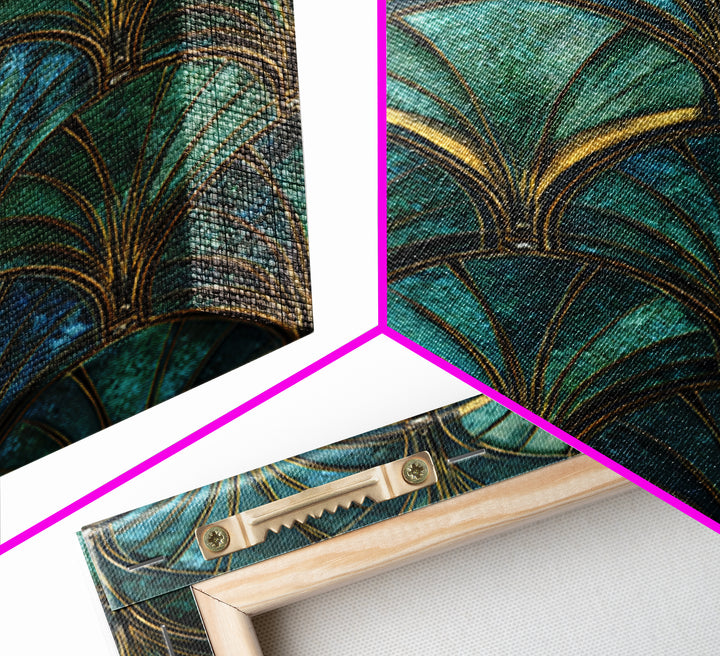 Emerald Peacock Feather Pattern Framed Canvas Print, Art Deco Art, Blue Wallpaper, Living Room Decor, Oil Painting, Glamour, ADA-2x3-8