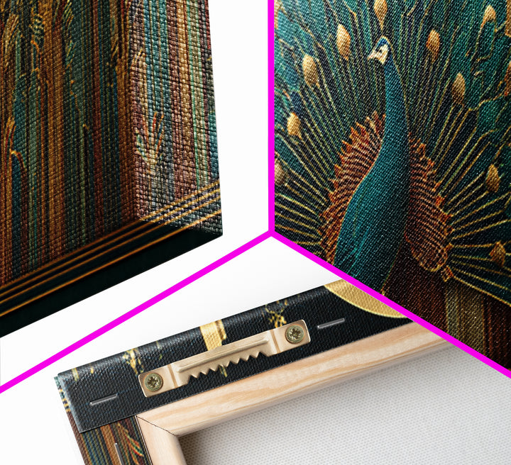 Sleek Peacock with Jeweled Feathers and Stepped Canvas Print, Art Deco Art, Living Room Decor, Abstract Art, Glamour, ADA-3x1-43
