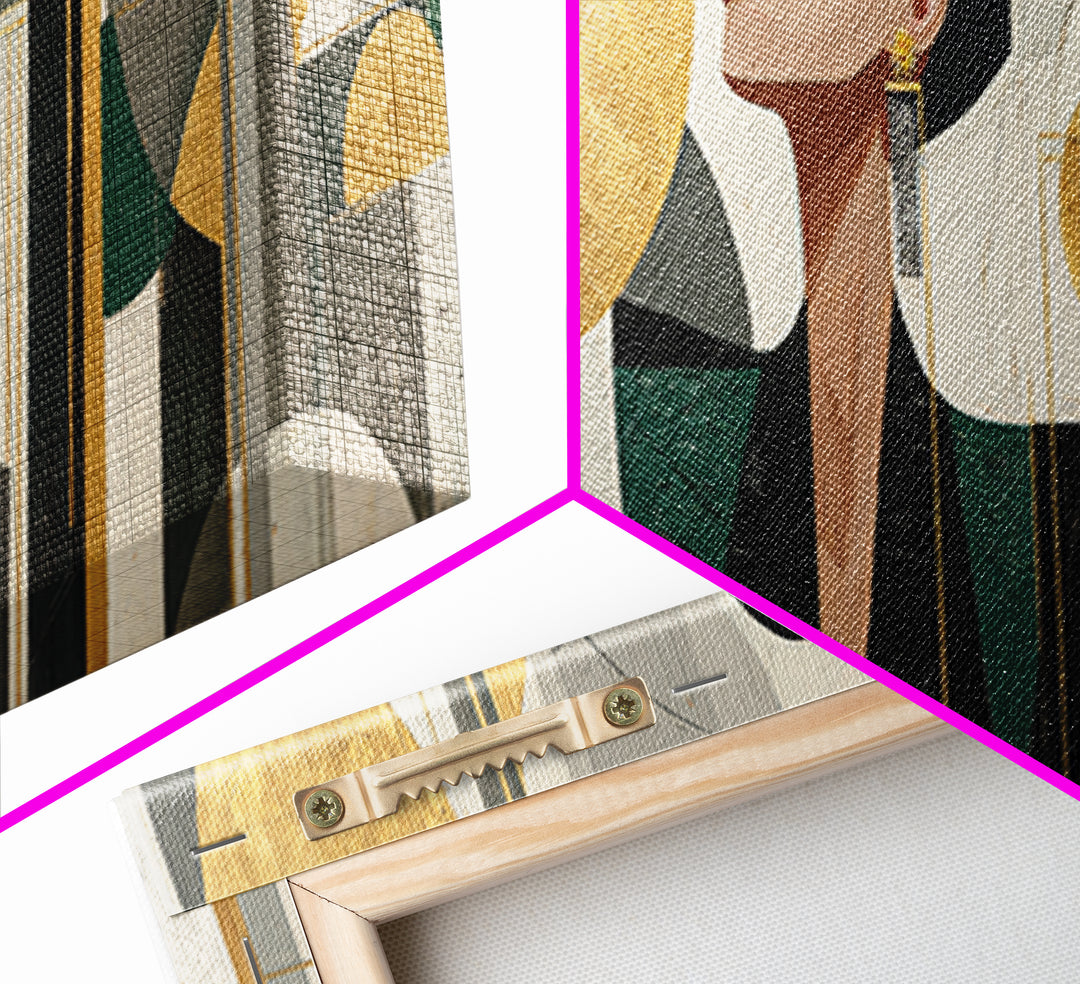 Moonlit Jazz Singer Framed by Gold Lines Framed Canvas Print, Art Deco Art, Living Room Decor, Abstract Art, Glamour, ADA-3x1-63