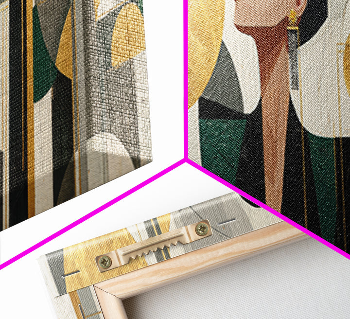 Moonlit Jazz Singer Framed by Gold Lines Framed Canvas Print, Art Deco Art, Living Room Decor, Abstract Art, Glamour, ADA-3x1-63