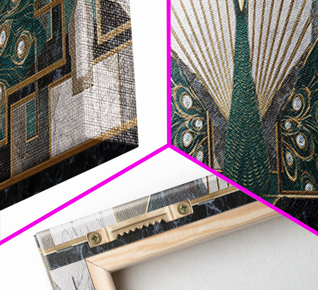 Sleek Peacock with Jeweled Feathers and Stepped Canvas Print, Art Deco Art, Mid Century Modern, Living Room Decor, Glamour, ADA-3x1-67