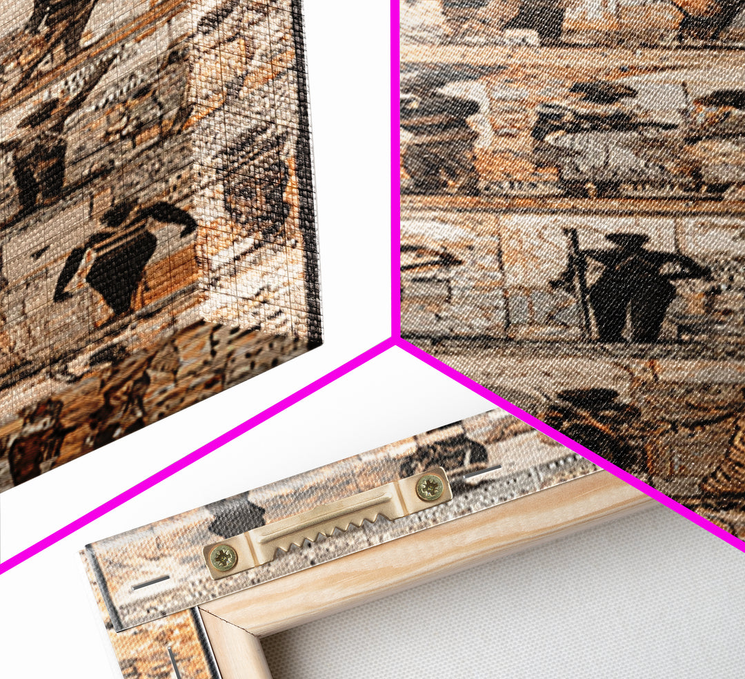 Sepia Egyptian Figures And Hieroglyphs, African Wall Art, Ancient Culture Art, Neutral Framed Canvas Print Decor Gift For Home