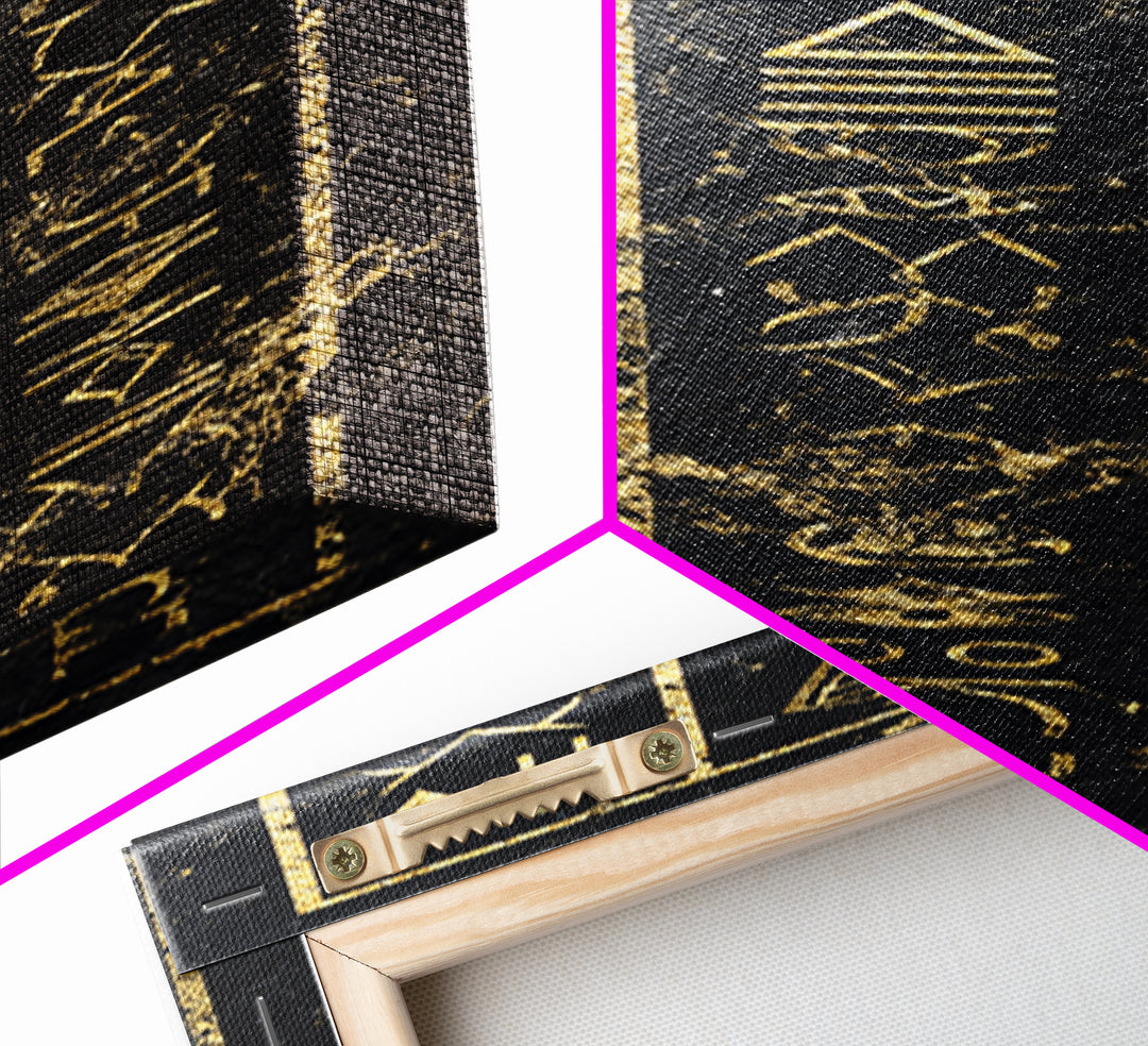 Gold Ancient African Glyphs On Black Wall Art, Tribal Hieroglyphic Canvas, Afrocentric Decor, Cultural Home Decor Gift For Living Room