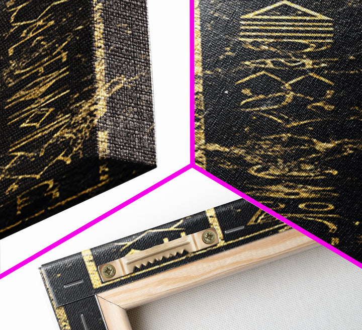 Gold Ancient African Glyphs On Black Wall Art, Tribal Hieroglyphic Canvas, Afrocentric Decor, Cultural Home Decor Gift For Living Room