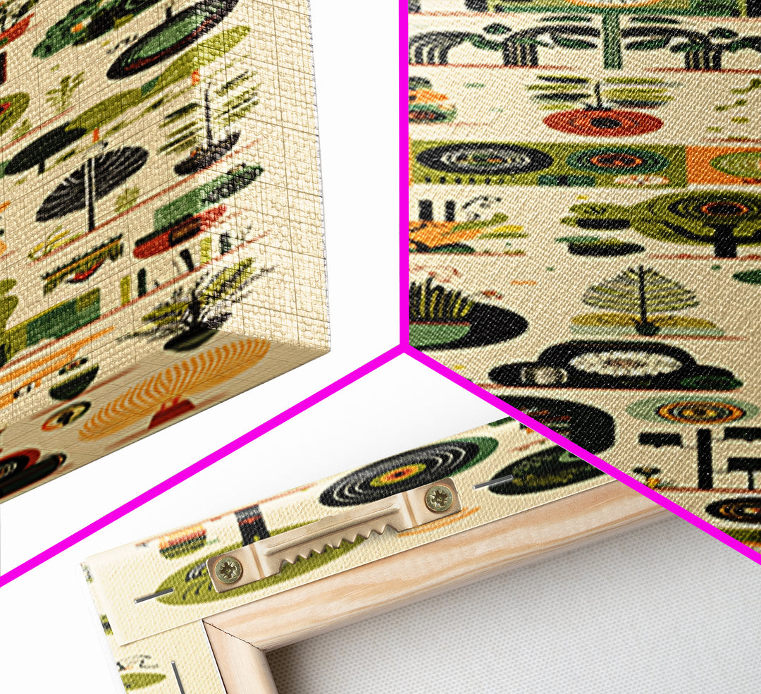 Whimsical African Garden Icon Wall Art, Botanical Pattern Canvas, Green Nature Decor, Modern Afrocentric Home Decor Gift