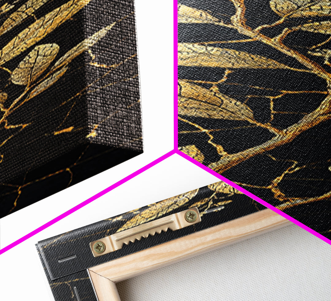 Gold Botanical Branch On Cracked Black Stone Wall Art, Luxury Canvas Print, Elegant Home Decor, Nature Artwork Gift For Living Room