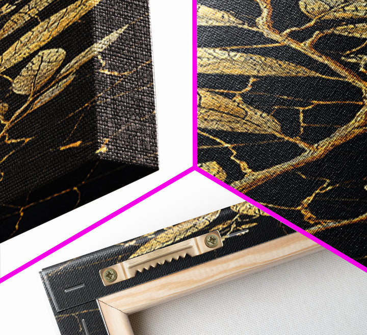 Gold Botanical Branch On Cracked Black Stone Wall Art, Luxury Canvas Print, Elegant Home Decor, Nature Artwork Gift For Living Room