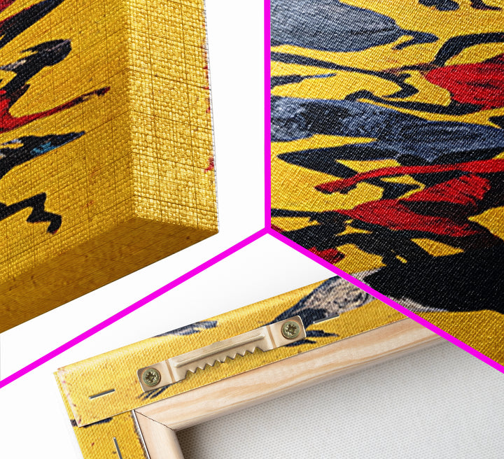 Yellow Abstract Dancers And Goats Canvas Print, African Tribal Art Wall Art, Red Black Ethnic Decor, Modern Culture Gift