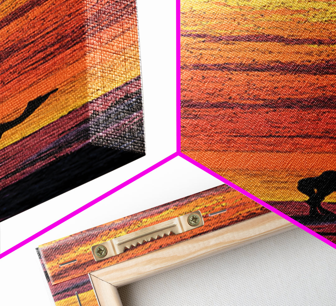 Orange Sahara Sunset With Camel Silhouettes Canvas Print, African Landscape Wall Art, Desert Travel Decor, Warm Boho Gift