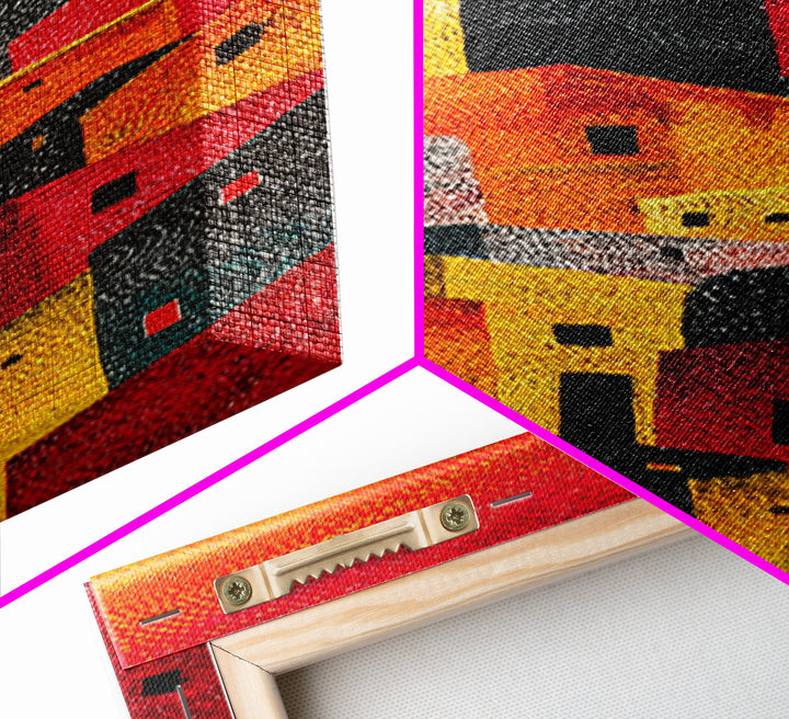 Bold Sunlit Geometric Village Wall Art, African Inspired Decor, Colorful Abstract Painting, Modern Boho Canvas Print Gift