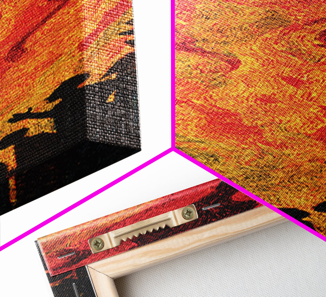 Fiery Celebration Silhouettes Wall Art, African Culture Art, Bold Abstract Painting, Festival Energy Decor, Statement Canvas Print