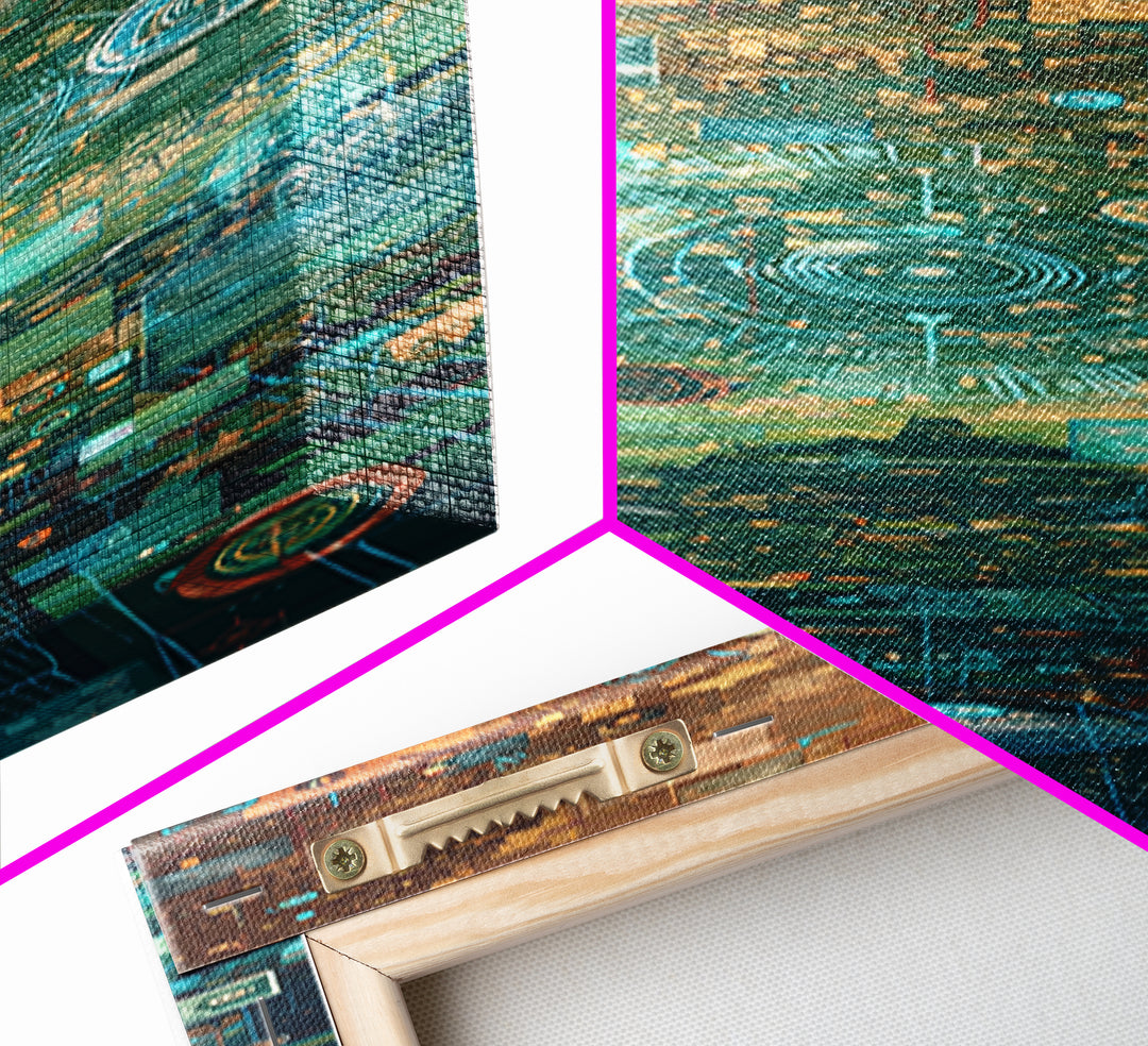 Futuristic Teal Gold Circuit City Wall Art, Afrofuturism Decor, Abstract African Art Print, Modern Canvas Office Decor Gift