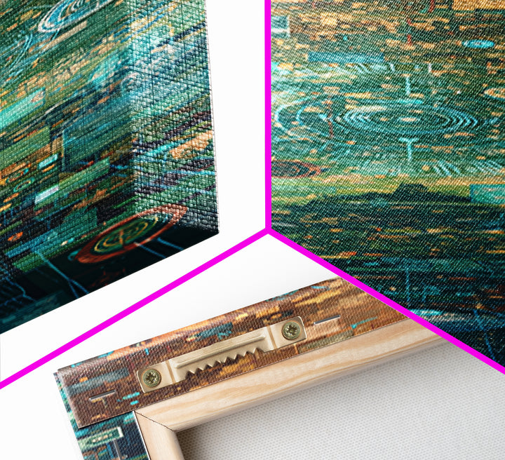 Futuristic Teal Gold Circuit City Wall Art, Afrofuturism Decor, Abstract African Art Print, Modern Canvas Office Decor Gift