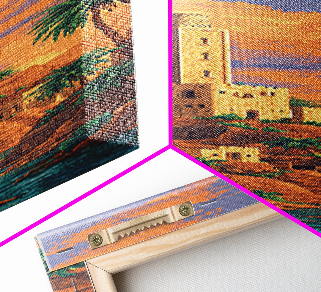 Sunset Desert Tower Oasis Canvas Print, African Landscape Wall Decor, Moroccan Travel Poster, Palm Tree Boho Home Decor Gift