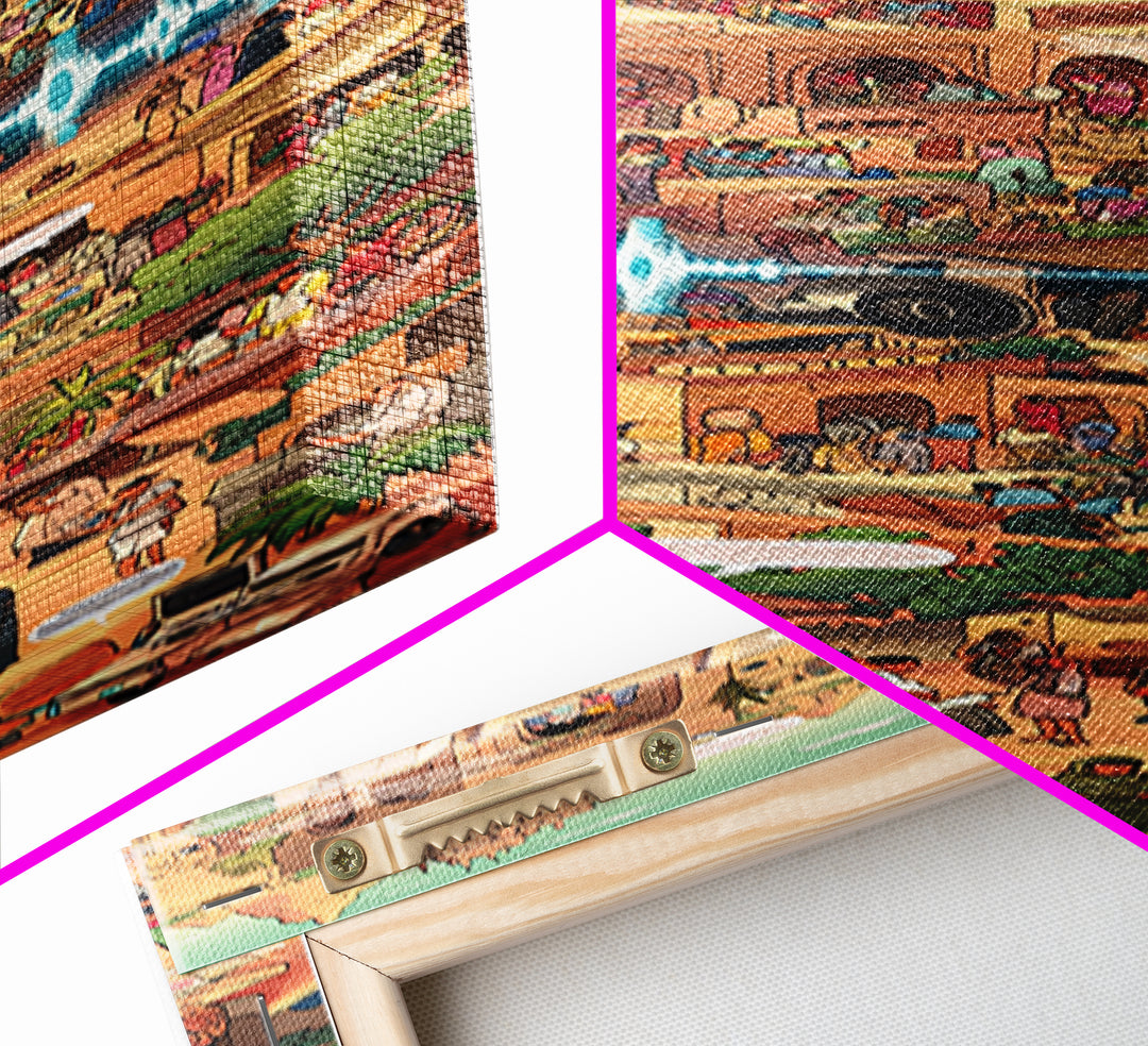 Bustling African Market City Wall Art, Pixel Style Cultural Canvas Decor, Afrocentric Travel Poster, Vibrant Statement Print