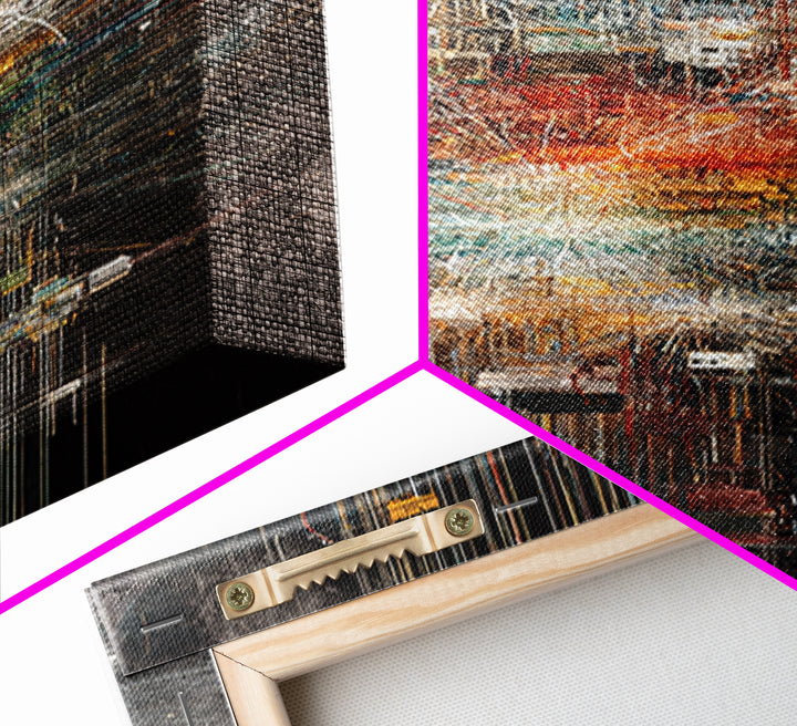 Dark Futuristic City Lights Framed Canvas Print, Abstract Urban Wall Art, Modern Black Gold Teal Statement Decor For Living Room