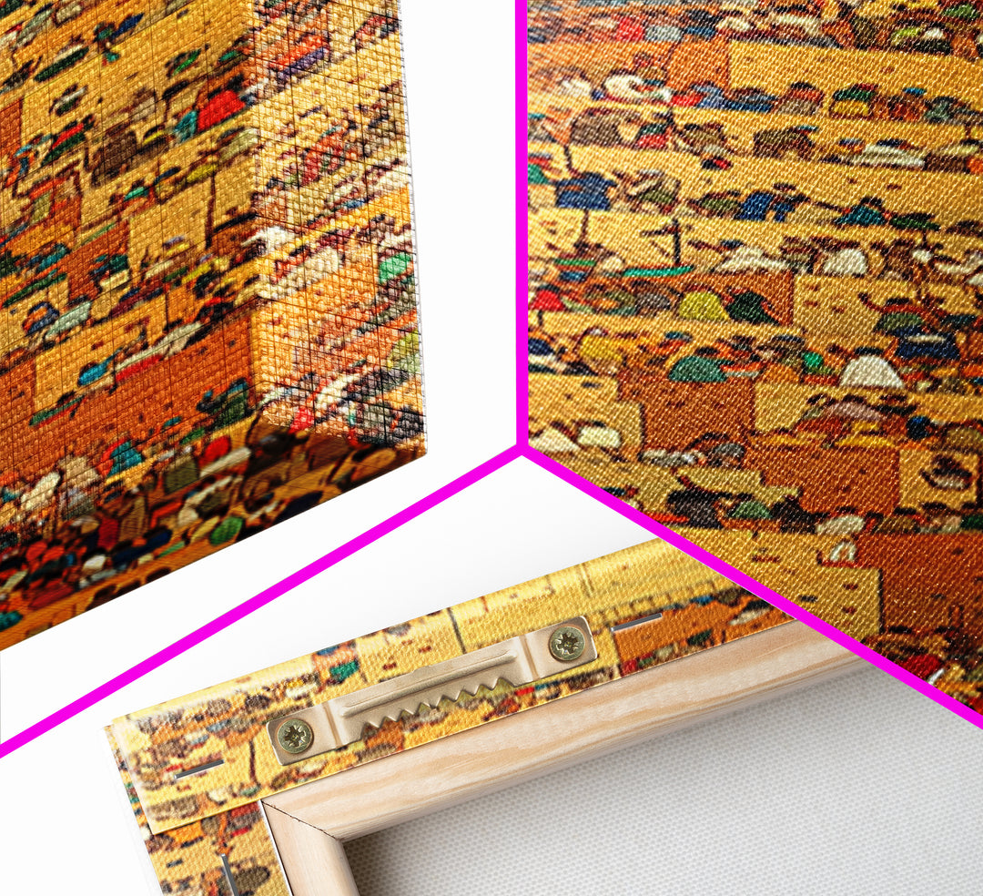 Golden African City Stairs Wall Art, Mud Brick Village Canvas Print, Busy Market Scene, Cultural Home Decor Artwork Poster