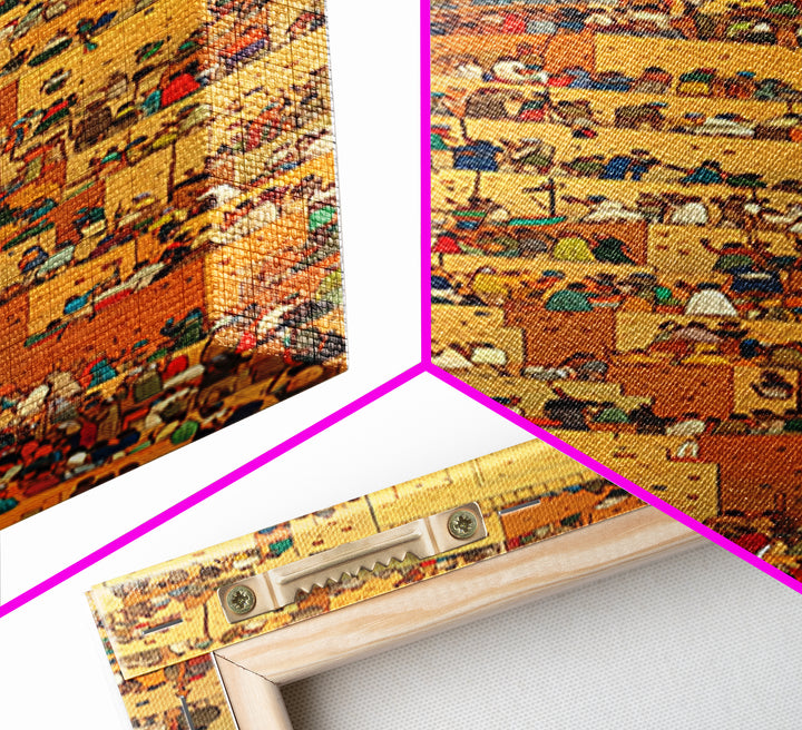 Golden African City Stairs Wall Art, Mud Brick Village Canvas Print, Busy Market Scene, Cultural Home Decor Artwork Poster