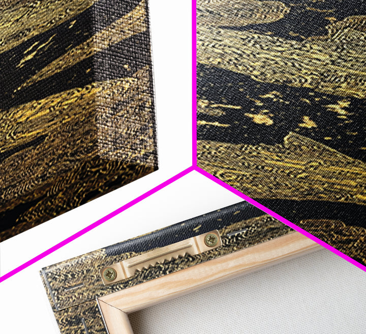 Golden Koi Fish On Black Abstract Wall Art, Luxury Canvas Print, Asian Inspired Decor, Textured Black And Gold Artwork Print