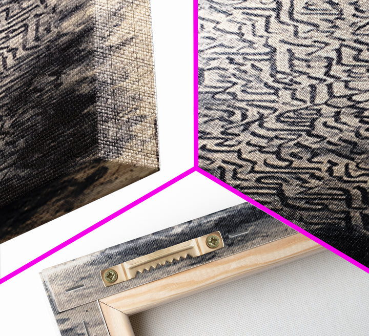 Smoky African Calligraphy Framed Canvas Print, Black Ink Script Texture, Abstract Tribal Wall Decor, Neutral Cultural Art