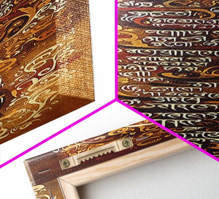 Golden Paisley African Script Wall Art, Ornate Brown Calligraphy Canvas, Boho Afrocentric Decor, Cultural Statement Print