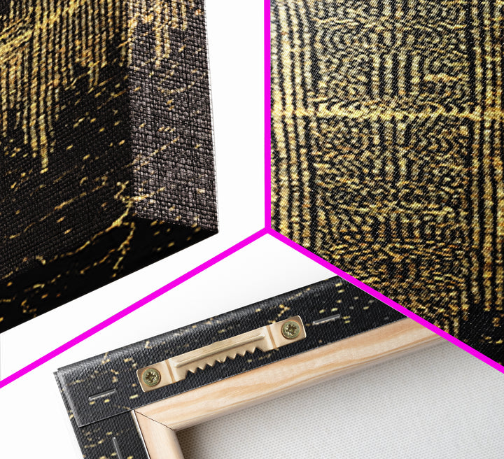 Golden Futuristic Totem Skyline Wall Art, African Abstract Black Gold Decor, Modern Canvas Art, Statement Living Room Print