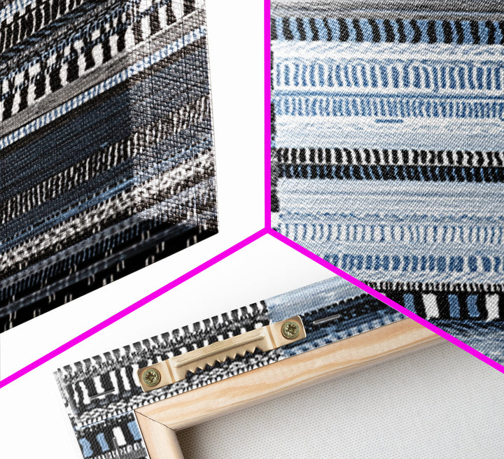 Blue Black Woven Textile Canvas Print, African Fabric Pattern, Minimalist Wall Art, Modern Boho Office And Home Decor Print