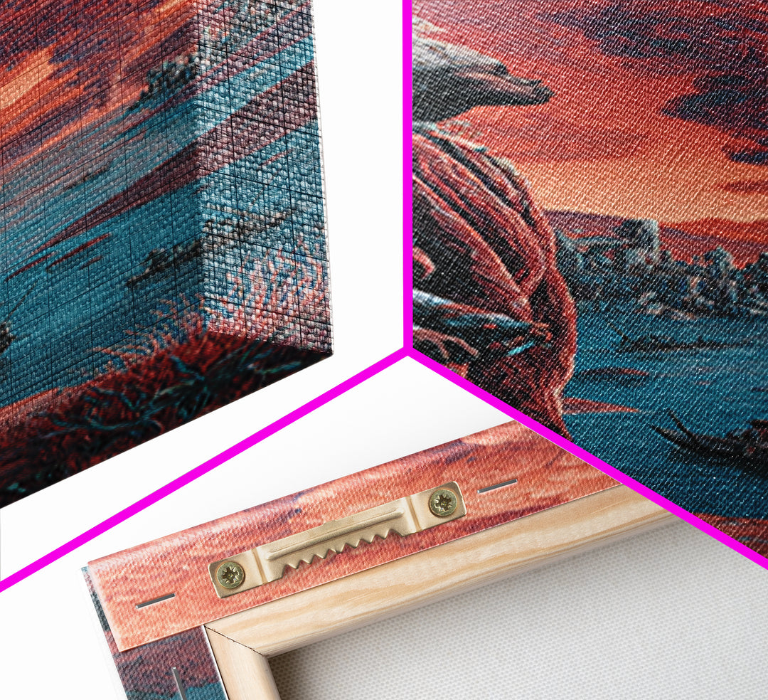 African Warrior Watching Crimson Smoke Canvas Print, Fantasy City Wall Art, Afrocentric Landscape, Red Tribal Decor Gift