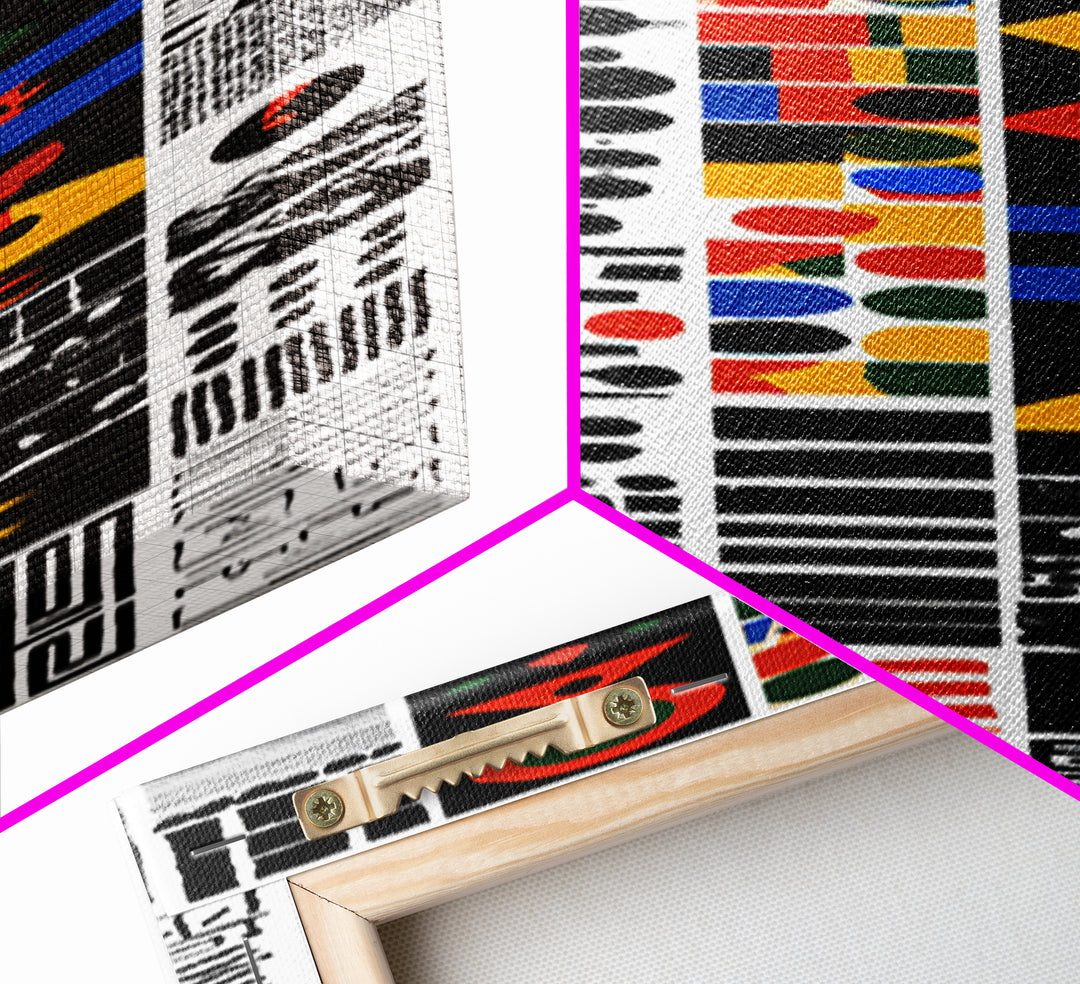 Modern African Geometric Grid Canvas Print, Black White Orange Tribal Symbols, Abstract Wall Art, Bold Cultural Decor Print