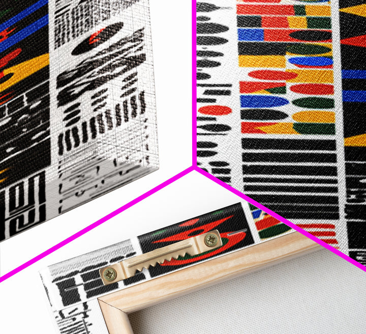 Modern African Geometric Grid Canvas Print, Black White Orange Tribal Symbols, Abstract Wall Art, Bold Cultural Decor Print
