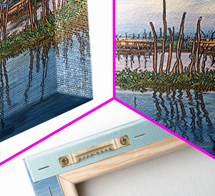 Peaceful African Lake Village Wall Art, Blue Water Landscape Canvas Print, Coastal Home Decor, Serene Travel Art Gift For Living Room