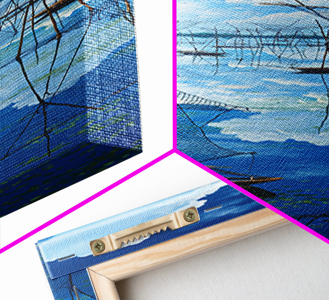 Dramatic Blue Fishing Nets Wall Art, African Lake Canvas Print, Coastal Landscape Decor, Serene Safari Art Gift For Home
