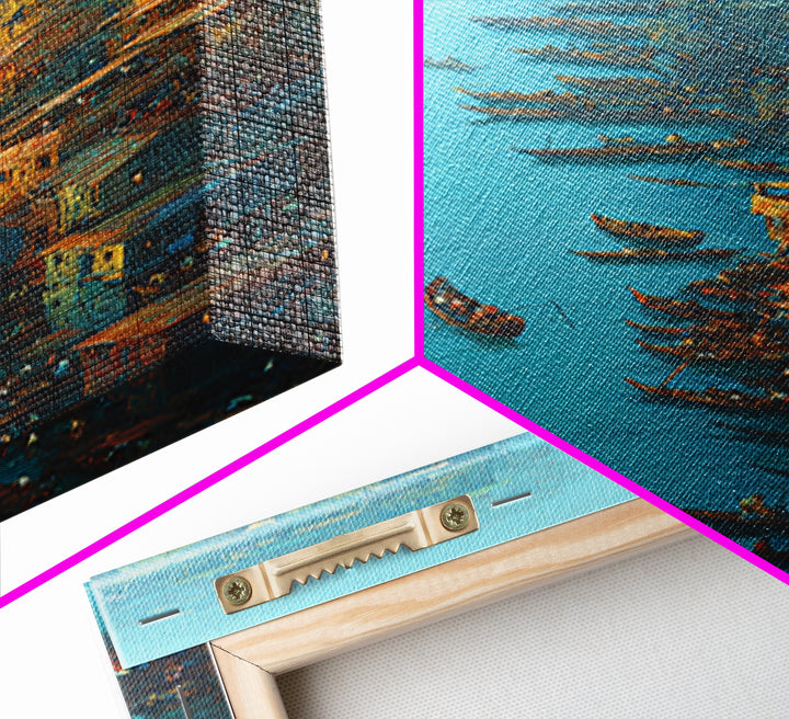 Teal Canal City With Boats Wall Art, Coastal Travel Decor, Blue Orange Painting, Large Canvas Print, Unique Home Decor Gift