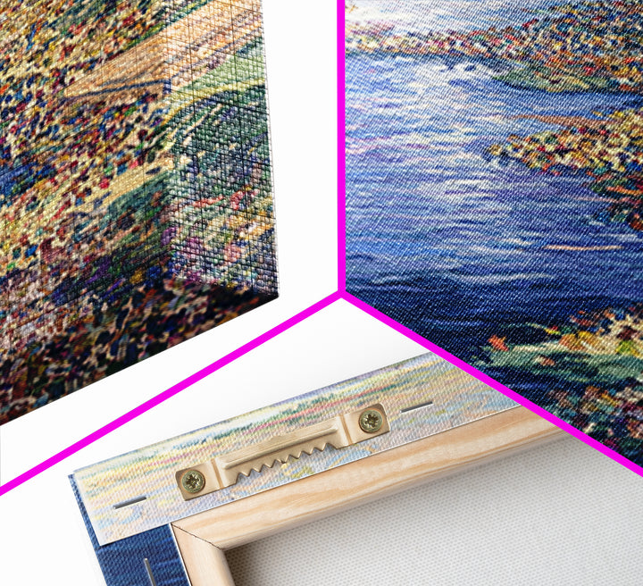 Sunlit African River Crowd Wall Art, Blue Water Boats, Cultural Cityscape, Afrocentric Decor, African Painting Canvas Print