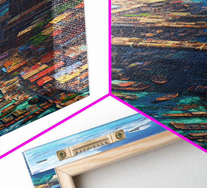 Fantastical African Canal City Wall Art, Boats Bridges And Coastal Skyline, Modern African Art, Statement Canvas Print, Decor