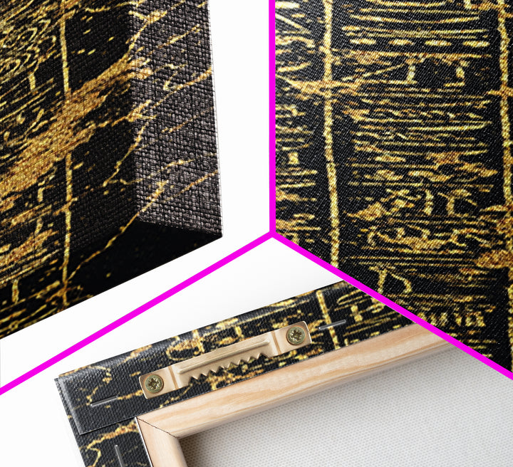 Gold Egyptian Hieroglyphs Wall Art, Black Marble Ancient Symbols, African Egyptian Art, Luxury Home Decor, Framed Canvas Print