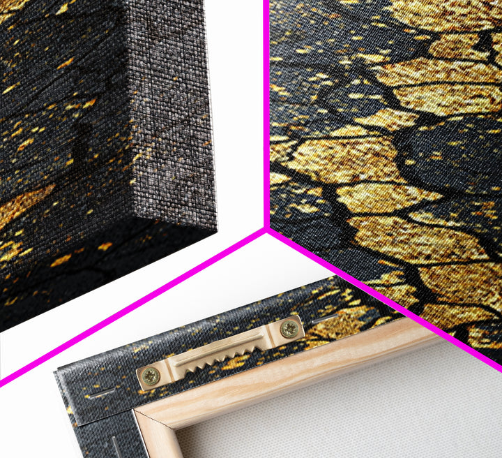 Gold Kintsugi Cracked Stone Abstract African Wall Art, Black And Gold Canvas Decor, Modern Tribal Texture, Luxury Home Decor