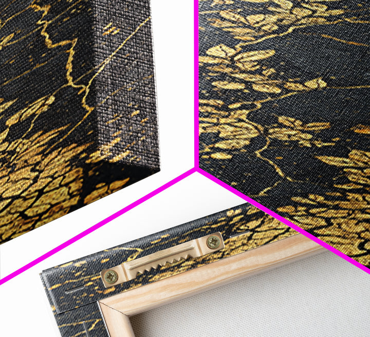 Gold Botanical Kintsugi Cracked Stone Wall Art, Black And Gold Floral Abstract, Luxury African Inspired Canvas Home Decor