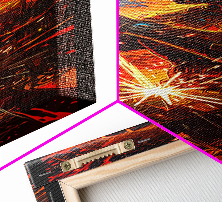 Fiery Mechanical Engine Abstract Wall Art, Industrial Sci Fi Canvas Decor, Orange Black Statement Art, Gift For Him, Poster