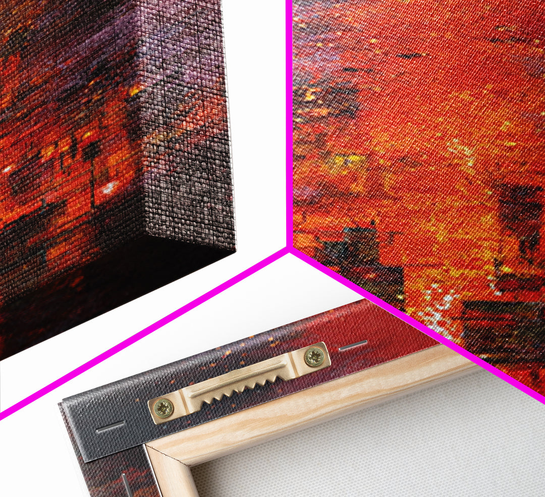 Burning Skyline With Volcanic Light Wall Art, Dark Red Abstract Canvas Print, Urban Wall Art, Modern Office Decor Gift For Him